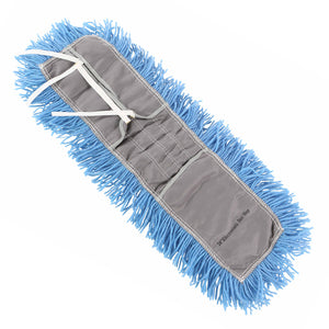 Q-Stat® Electrostatic Blue Tie On Dust Mop Head static cling dust mop close up back view tie on, Q-Stat® Electrostatic Blue Tie On Dust Mop Head, SIZE, 18 Inch X 5 Inch, FLOOR CLEANING, DUST MOPS, 3900,3901,3902,3903,3904