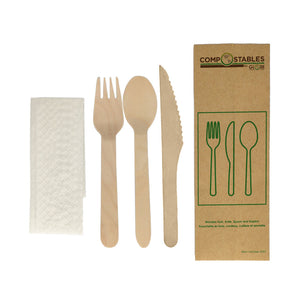 Wood Fork, Knife, Spoon and Napkin in Paper Bag 6051