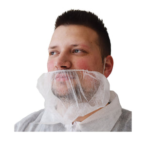 Poly Beard Net man wearing grey shirt with beard net, Poly Beard Net, COLOR, White, Package, 10 Packs of 100, PPE-PERSONAL PROTECTIVE EQUIPMENT, BEARD NETS, COVID ESSENTIALS, 7736