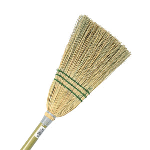 Lobby Corn Broom, 3 String natural corn broom brush packaged with 2 silver wire and 2 blue strings with wooden handle with green globe packaing, Lobby Corn Broom, 3 String, FLOOR CLEANING, CORN BROOMS, 4004