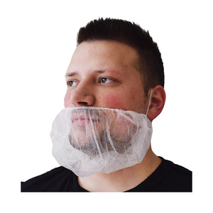 Poly Beard Net man wearing black shirt with beard net, Poly Beard Net, COLOR, White, Package, 10 Packs of 100, PPE-PERSONAL PROTECTIVE EQUIPMENT, BEARD NETS, COVID ESSENTIALS, 7736