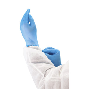 Gants en nitrile bleu ciel 4 mil non poudrés blue stretching gloves on hands with white coverall, Sky Blue 4 Mil Nitrile Gloves Powder-Free, SIZE, Small, Package, 10 Boxes of 100, GLOVES, NITRILE,NEW,7810,7811,7812,7813,7814