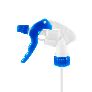 Trigger Sprayer blue spray trigger and bottle next accent with white body close up view, Trigger Sprayer, SIZE, 9.25 Inch Tube With 32Oz Bottle, COLOR, Blue, GENERAL CLEANING, TRIGGERS PUMPS & BOTTLES & CAPS, COVID ESSENTIALS, 3558B