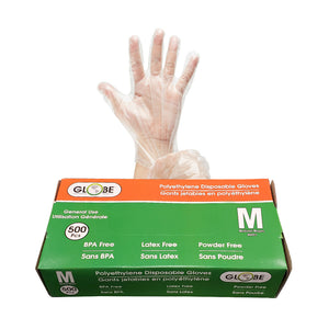 Polyethylene Gloves Powder Free medium green and orange packaging with hand showing clear poly gloves, Polyethylene Gloves Powder Free, SIZE, Medium, Package, 20 Boxes of 500, GLOVES, POLY, COVID ESSENTIALS, 8001