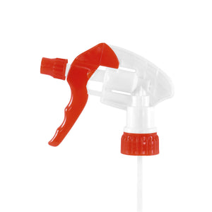 Trigger Sprayer red spray trigger and bottle next accent with white body close up view, Trigger Sprayer, SIZE, 8 Inch Tube With 24 Oz Bottle, COLOR, Red, GENERAL CLEANING, TRIGGERS PUMPS & BOTTLES & CAPS, COVID ESSENTIALS, 3557