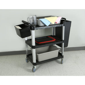 Chariots utilitaires 3 level black cart with wheels, cleaning microfiber towels, pitcher, bus box, trays, tall and short utility refuse side hang bins, Utility Carts, SIZE, Small / 400 Lbs / 33 Inch L X 17 Inch W X 37 Inch H, MATERIAL HANDLING, SERVICE-UTILITY CARTS, Best Seller, 5001,5002