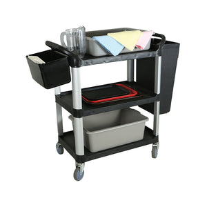 Utility Cart Bins 3 level black cart with wheels, cleaning microfiber towels, pitcher, bus box, trays, tall and short utility refuse side hang bins, Utility Cart Bin, SIZE, Tall Refuse Bin, MATERIAL HANDLING, SERVICE-UTILITY CARTS, 5003,5004