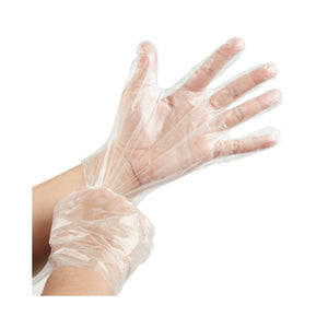 Polyethylene Gloves Powder Free hand showing clear poly gloves stretching, Polyethylene Gloves Powder Free, SIZE, Medium, Package, 20 Boxes of 500, GLOVES, POLY, COVID ESSENTIALS, 8001, 8002