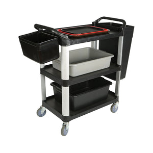 Chariots utilitaires 3 level black cart with wheels, pitcher, bus box, trays, tall and short utility refuse side hang bins, Utility Carts, SIZE, Small / 400 Lbs / 33 Inch L X 17 Inch W X 37 Inch H, MATERIAL HANDLING, SERVICE-UTILITY CARTS, Best Seller, 5001,5002