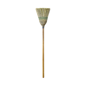 Lobby Corn Broom, 3 String natural corn broom brush packaged with 2 silver wire and 2 blue strings with wooden handle with green globe packaing, Lobby Corn Broom, 3 String, FLOOR CLEANING, CORN BROOMS, 4004