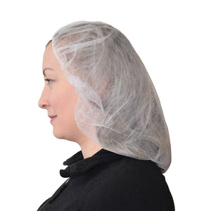 24 Inch Bouffant Cap/Hairnet woman wearing white hairnet, Bouffant Cap/Hairnet, COLOR, White, Package, 10 Packs of 100, PPE-PERSONAL PROTECTIVE EQUIPMENT, HAIR NETS, COVID ESSENTIALS, 7732W