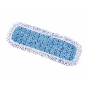 Tampon humide en microfibre bleu avec frange blue and white mope with white and blue twist fringe front view, Blue Microfiber Wet Pad With Fringe, SIZE, 18 Inch, MICROFIBER, FLOOR PADS, 3327