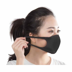 Adult Reusable Face Mask Black Polyester/Spandex woman wearing mask stretched in side view, Reusable Adult Face Mask Black Polyester/Spandex, Package, 10 Packs of 100, PPE-PERSONAL PROTECTIVE EQUIPMENT, MASKS, COVID ESSENTIALS, 7746