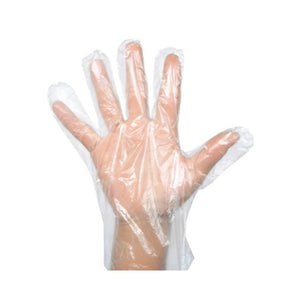 Gants en polyéthylène non poudrés hand showing clear poly gloves, Polyethylene Gloves Powder Free, SIZE, Medium, Package, 20 Boxes of 500, GLOVES, POLY, COVID ESSENTIALS, 8001, 8002