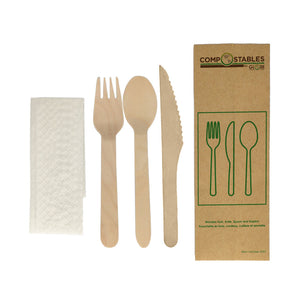 Tenedor, cuchillo, cuchara y servilleta de madera en bolsa de papel 6051