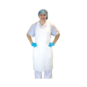 Polyethylene Apron woman wearing white apron with blue gloves and hairnet, Polyethylene Apron, SIZE, Large, Package, 10 Packs of 100, PPE-PERSONAL PROTECTIVE EQUIPMENT, APRONS, COVID ESSENTIALS, 7790