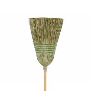 Housekeeper Corn Broom, Heavy-Duty 5 String natural corn broom brush packaged with 5 green wire strings and wooden handle close up, Housekeeper Corn Broom, Heavy-Duty 5 String, FLOOR CLEANING, CORN BROOMS, 4000