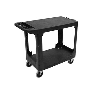 Carro de estante plano de servicio pesado medium 2 level black cart with wheels and handle with tool compartment and holders built in, Heavy Duty Flat Shelf Cart, SIZE, Medium / 550 Lbs / 38 Inch L X 18 3/4 Inch W X 32 1/4 Inch H, MATERIAL HANDLING, HEAVY-DUTY UTILITY CARTS, 5900