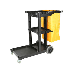 Janitor's Cart black heavy duty plastic frame with shelf and handle holding yellow vinly bag with 4 wheels, Janitor'S Cart, SIZE, Standard, COLOR, Black, GENERAL CLEANING, CARTS, Best Seller, 3001
