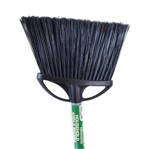 10 Inch Regular Angle Broom Wtih 48 Inch Metal Handle angled brush head with black brissels and metal handle with green globe label, Angle Broom Wtih 48 Inch Metal Handle, SIZE, Regular 10 Inch, FLOOR CLEANING, ANGLE BROOMS, 4010