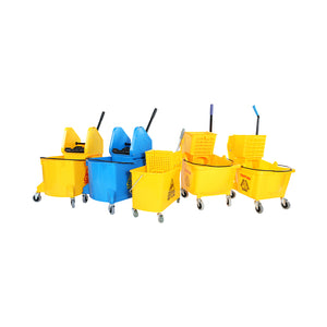 40 Qt Downpress Buckets And Wringers yellow and blue bucket with four wheels and wringer with black handle grouping, 40 Qt Downpress Bucket And Wringer, COLOR, Yellow, FLOOR CLEANING, BUCKETS & WRINGERS, Best Seller, 3078Y,3078B