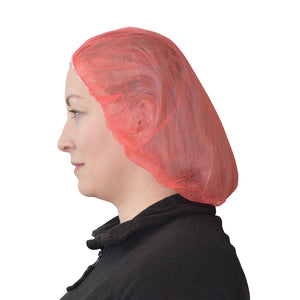24 Inch Bouffant Cap/Hairnet woman wearing red hairnet, Bouffant Cap/Hairnet, COLOR, Red, Package, 10 Packs of 100, PPE-PERSONAL PROTECTIVE EQUIPMENT, HAIR NETS, COVID ESSENTIALS, 7732R