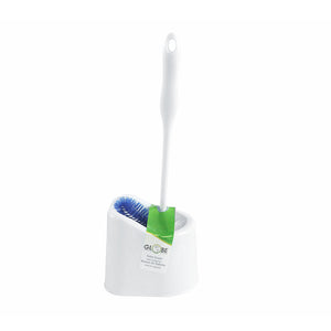 Ensemble de brosse et chariot de toilette de luxe de 16 pouces avec tête de nettoyage double white toilet brush handle with blue and white brissels with cupholder and green globe label, 16 Inch Deluxe Toilet Brush And Caddy Set With Dual Cleaner Head, WASHROOM CARE, BOWL BRUSHES & CADDY SETS, 2088