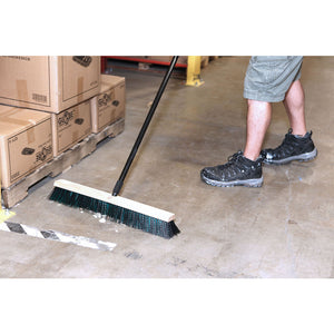 Side-Clipped Pathfinder Push Brooms man using natural wood block broom brush with black and green brissels to clean warehouse, Side-Clipped Pathfinder Medium Push Broom Head, SIZE, 18 Inch, FLOOR CLEANING, PUSH BROOMS, 4482,4483