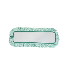 Almohadilla seca de microfibra verde con flecos green mop pad with white and green twist fringe strands and dark green binding backing view, Green Microfiber Dry Pad With Fringe, SIZE, 18 Inch, MICROFIBER, FLOOR PADS, 3320, 3324,3336,3340,3360