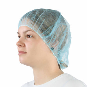 24 Inch Bouffant Cap/Hairnet woman wearing blue hairnet, Bouffant Cap/Hairnet, COLOR, Blue, Package, 10 Packs of 100, PPE-PERSONAL PROTECTIVE EQUIPMENT, HAIR NETS, COVID ESSENTIALS, 7732B