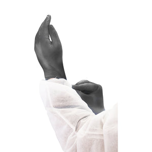 Black 5 Mil Nitrile Gloves Powder-Free black stretching gloves on hands with white coverall, Black 5 Mil Nitrile Gloves Powder-Free, SIZE, Small, Package, 10 Boxes of 100, GLOVES, NITRILE, 7800, 7801,7802,7803,7804