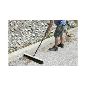 Side-Clipped Pathfinder Push Brooms man using natural wood block broom brush with black and green brissels to clean outdoor pavement, Side-Clipped Pathfinder Rough Push Broom Head, SIZE, 18 Inch, FLOOR CLEANING, PUSH BROOMS, 4484,4485