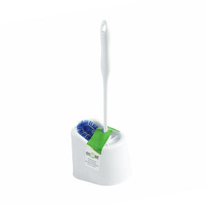 Juego de carrito y escobilla de baño de lujo de 16 pulgadas con cabezal limpiador doble white toilet brush handle with blue and white brissels with cupholder and green globe label, 16 Inch Deluxe Toilet Brush And Caddy Set With Dual Cleaner Head, WASHROOM CARE, BOWL BRUSHES & CADDY SETS, 2088