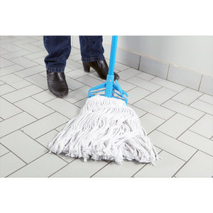 Syn-Pro® Synthetic Narrow Band Wet White Cut End Mop woman using mop with synthetic thread strands with quick release handle close-up, 3086,3085,3087,3088,3089