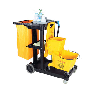Janitor's Cart black heavy duty plastic frame with shelf and handle holding yellow vinly bag with 4 wheels with black dustpan, grey carry caddy, wet floor sign, spray bottles, green gloves, pink microfiber cleaning cloth & yellow bucket and wringer and mop, Janitor'S Cart, SIZE, Standard, COLOR, Black, GENERAL CLEANING, CARTS, Best Seller, 3001