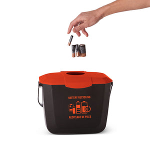 2 Gallon Battery Collection Bin hand throwing batteries in red and black bin with black handles, 2 Gallon Battery Collection Bin, WASTE, BATTERY BINS, 9309