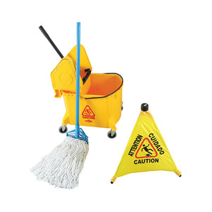 Baldes y escurridores de presión hacia abajo de 40 cuartos yellow bucket with four wheels and wringer with black handle with quick release mop withwith mop head near caution sign, 40 Qt Downpress Bucket And Wringer, COLOR, Yellow, FLOOR CLEANING, BUCKETS & WRINGERS, Best Seller, 3078Y